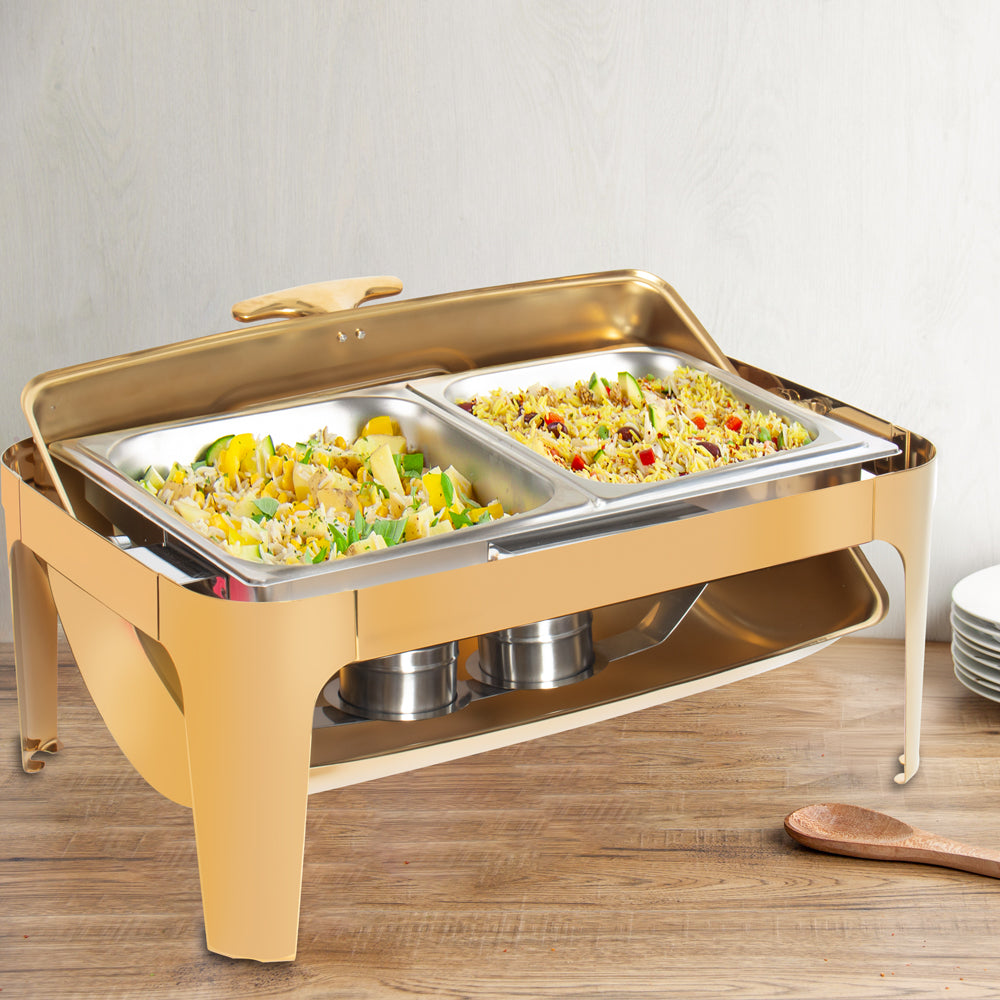 SQ Professional Banquet Chafing Dish with Roll Top and Window Double Compartment Oblong Gold 9L 11413 (Big Parcel Rate)