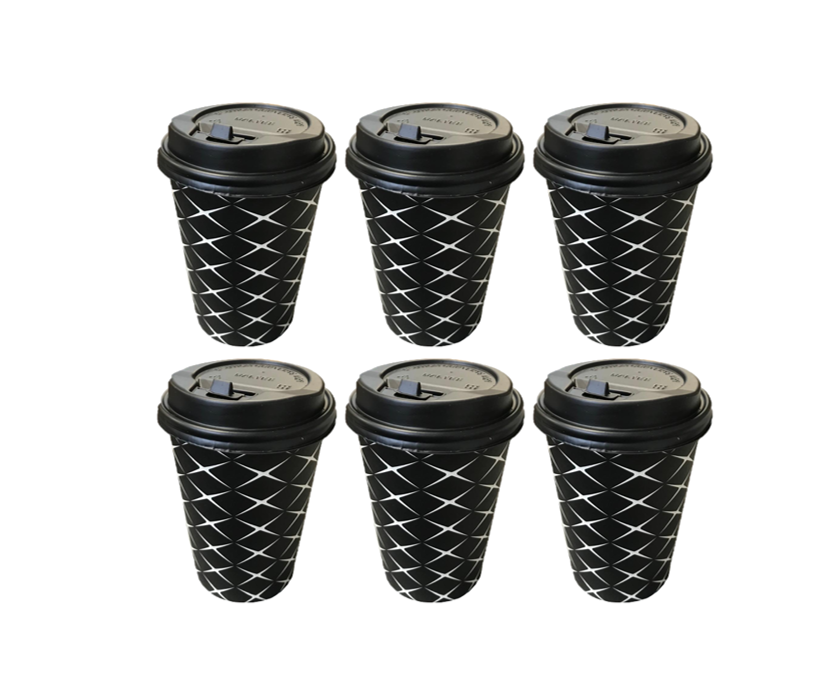 Black Paper Cup with Lid Printed Design 12oz Pack of 6 Assorted Designs 2206 (Parcel Rate)