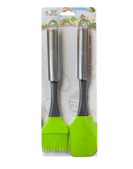 Green Silicone Spatula and Pastry Brush Set Metal Handle 26 cm 6951 (Parcel Rate)