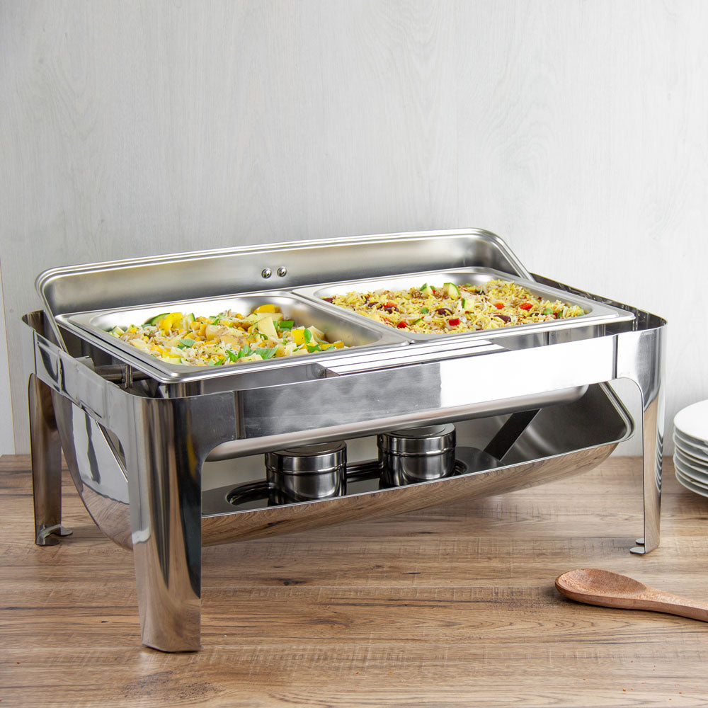 SQ Professional Banquet Chafing Dish with Roll Top Double Compartment Oblong Silver 2 x 4L 7525 (Big Parcel Rate)