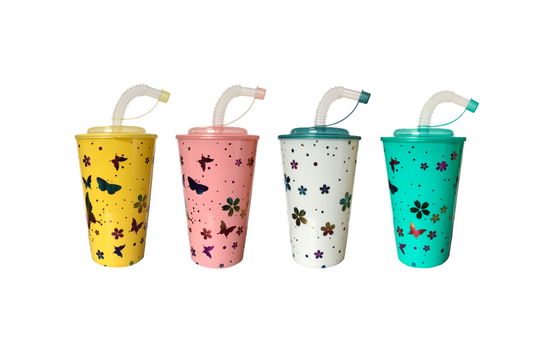 Reusable Plastic Juice Drinking Cup with Lid and Straw 500ml Assorted Colours 7530 (Parcel Rate)