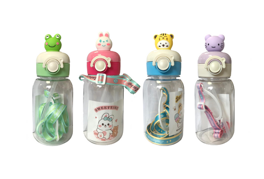 Plastic Water Drinking Bottle Cartoon Animal Design with Carrier Strap 17.5 x 7.5 cm Assorted Designs 7619 (Parcel Rate)