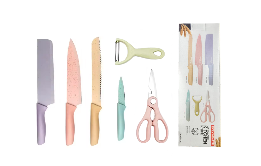 Kitchen Knife Set of 6 with Scissors ER-0278 Assorted Pastel Colours 7712 (Parcel Rate)