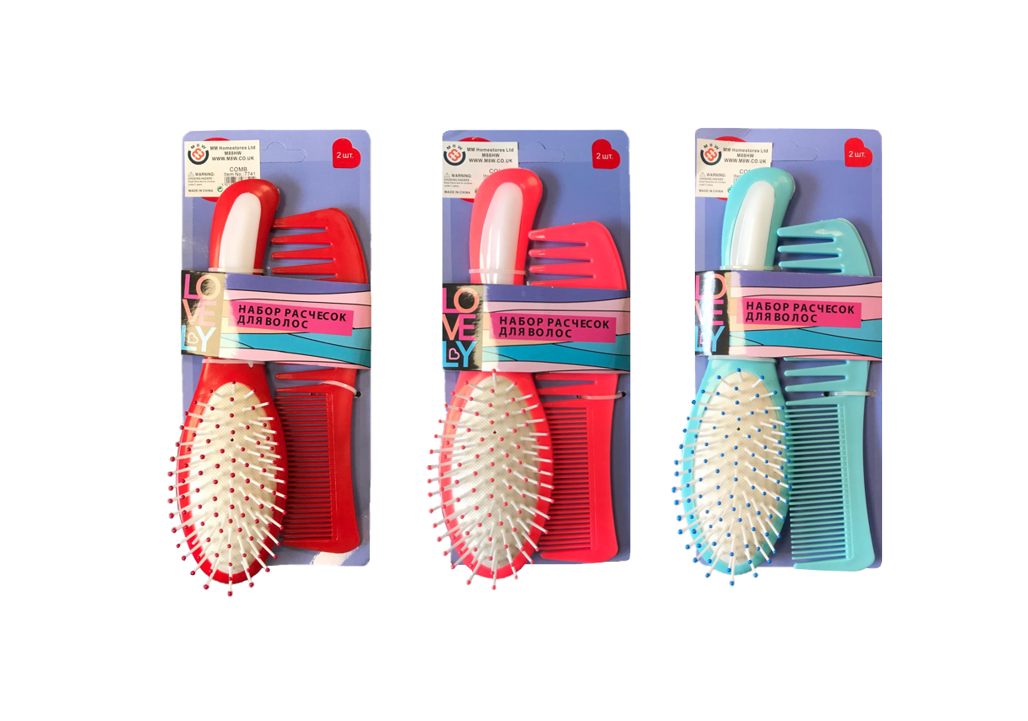 Plastic Hairbrush and Comb Set of 2 Assorted Colours 7741 (Parcel Rate)