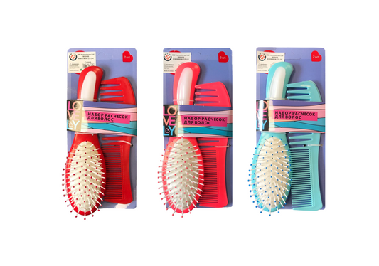 Plastic Hairbrush and Comb Set of 2 Assorted Colours 7741 (Parcel Rate)