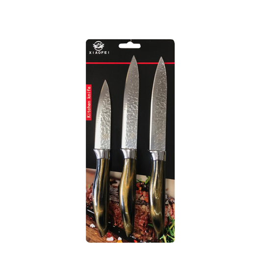 Steel Textured Kitchen Knife with Printed Handle Set of 3 Assorted Colours 7792 (Parcel Rate)