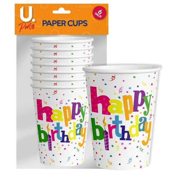 Happy Birthday Party Paper Drinking Cups Pack of 6 P2704 (Parcel Rate)