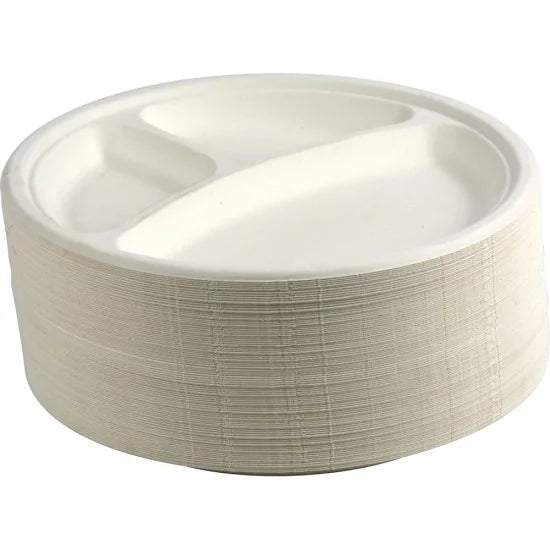 Disposable Compostable Eco-Bio Bagasse Sugarcane 3 Compartment Plates 10" Pack of 100 ST81812 (Parcel Rate)