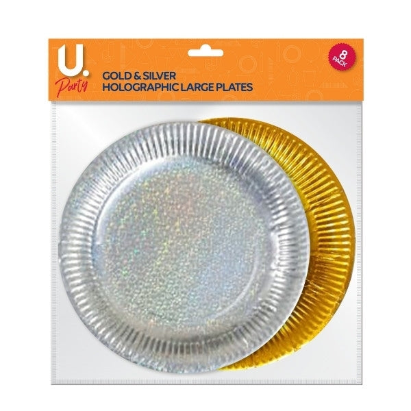 Holographic Large Paper Plates Gold and Silver Pack of 8 P1402 (Large Letter Rate)