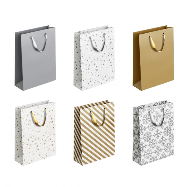 Gold / Silver Patterned Paper Gift Bag Medium Assorted Designs P1910 (Parcel Rate)