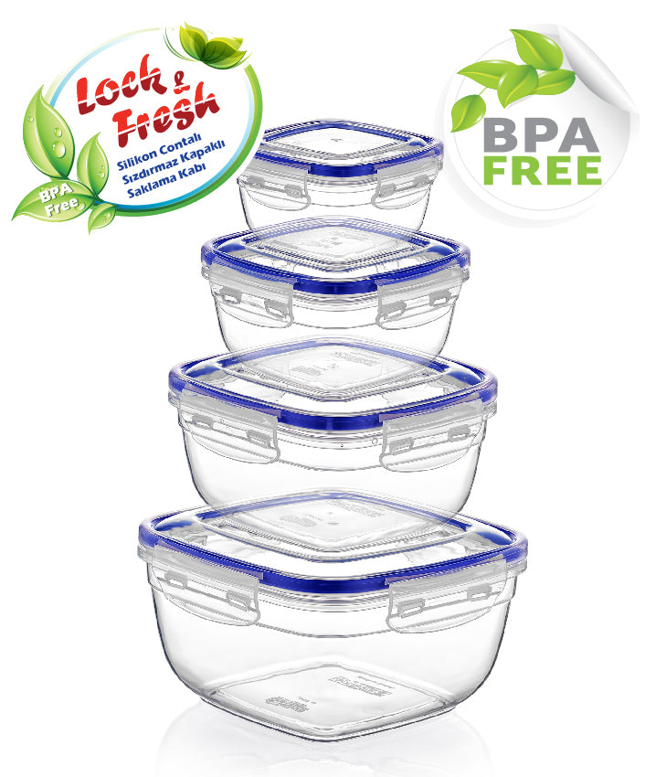 Square Clear Plastic Food Storage Container with Sealing Lid Set of 4 D30143 (Parcel Rate)