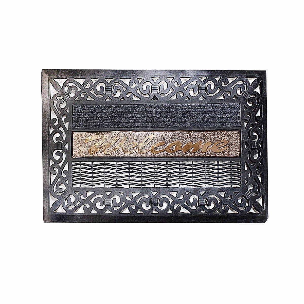 Designer Black Door Mat With Gold 'Welcome' Lettering 75cm x 44.5cm 0479A  (Parcel Rate)