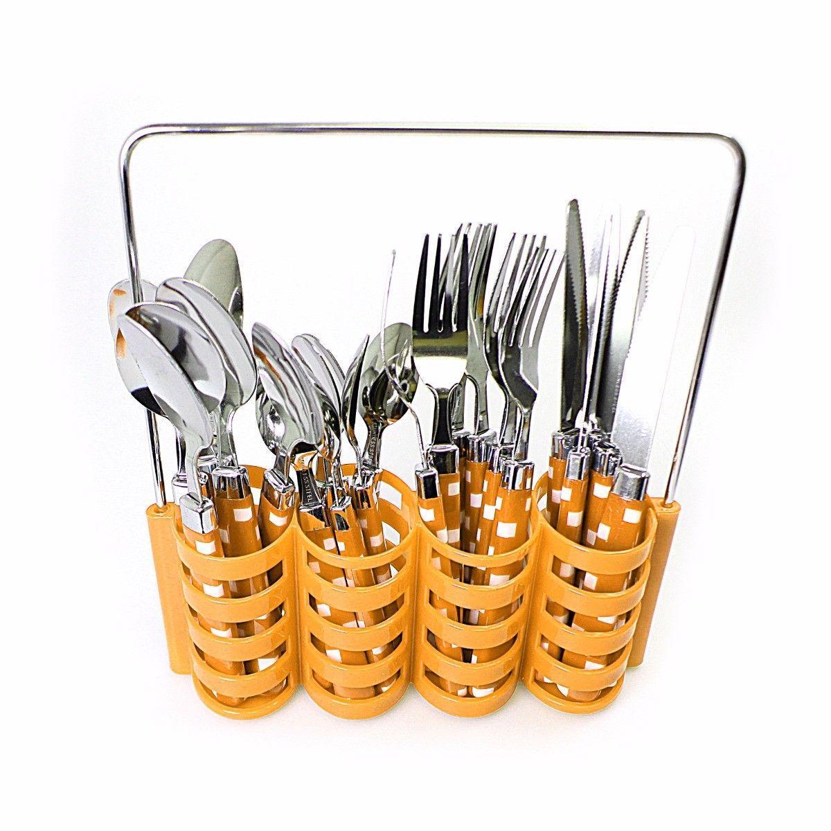 Stainless Steel Cutlery Set of 24 with Cutlery Holder Rack Assorted Colours 4186 (Parcel Rate)