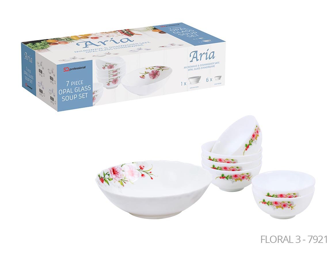 Aria Opal Glass Soup Set of 7 White Pink Floral 7921 (Big Parcel Rate)