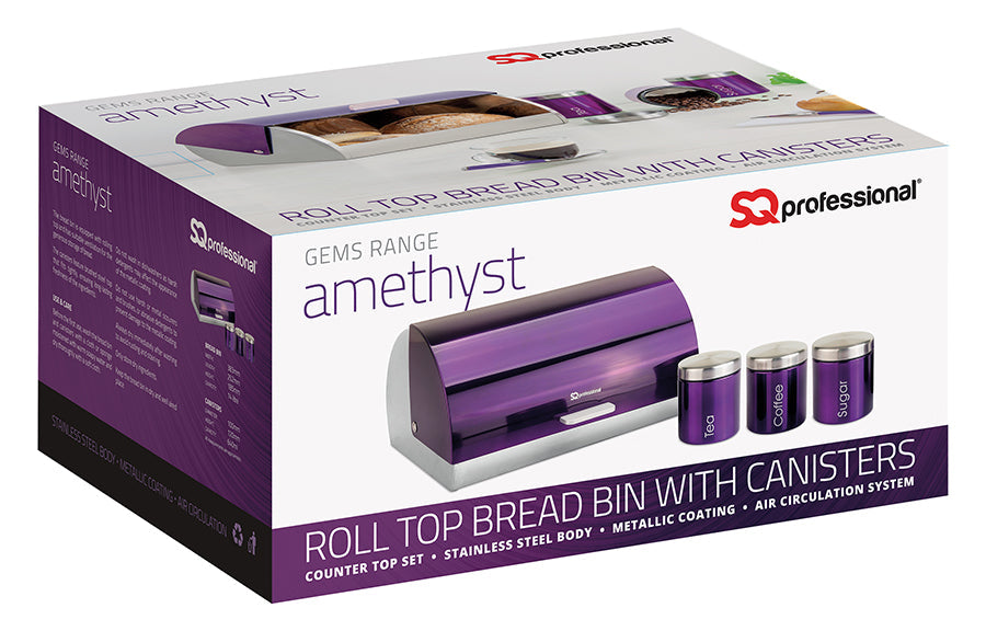 SQ Professional Gems Metal Bread Bin with 3 Canisters Amethyst 2582 (Parcel Rate)