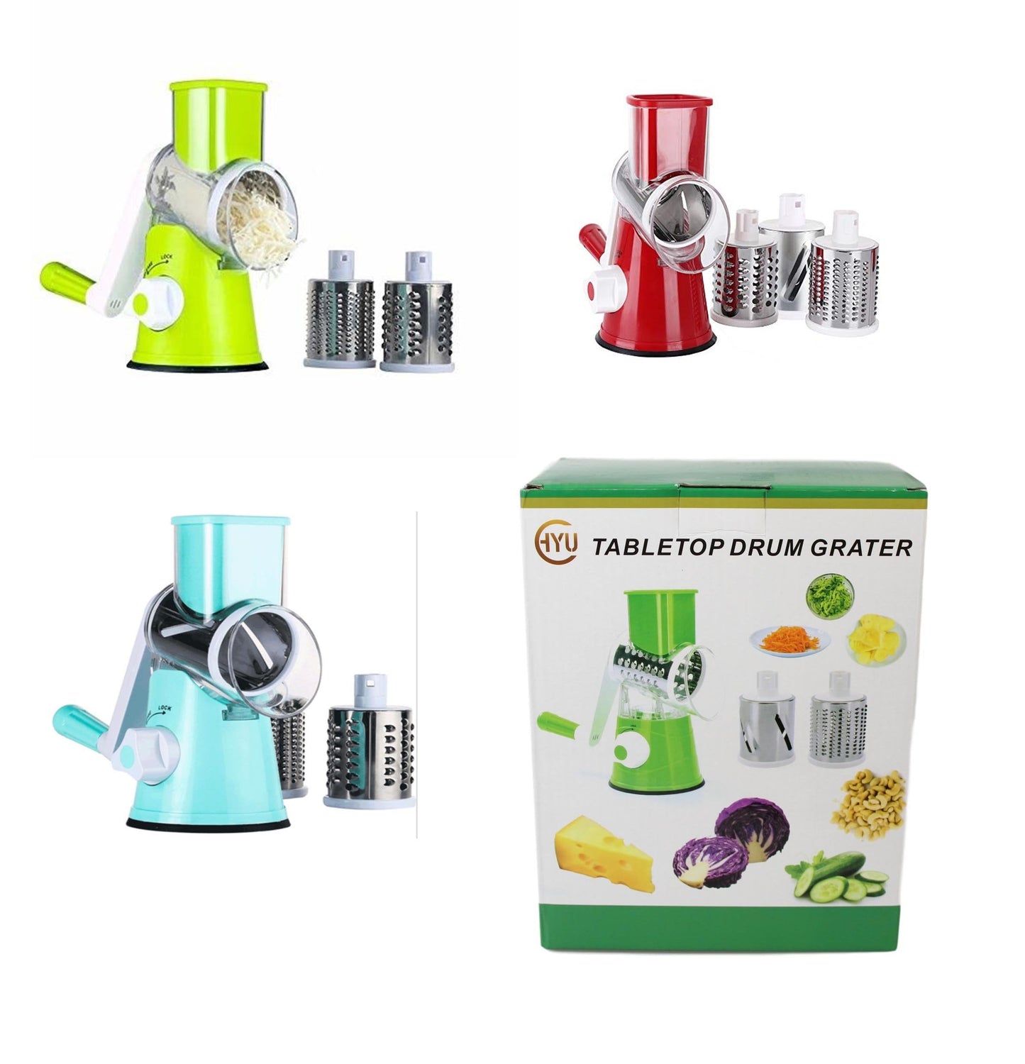 Plastic Table Top Drum Grater with 3 Detachable Stainless Steel Blades Assorted Colours 5673 (Parcel Rate)