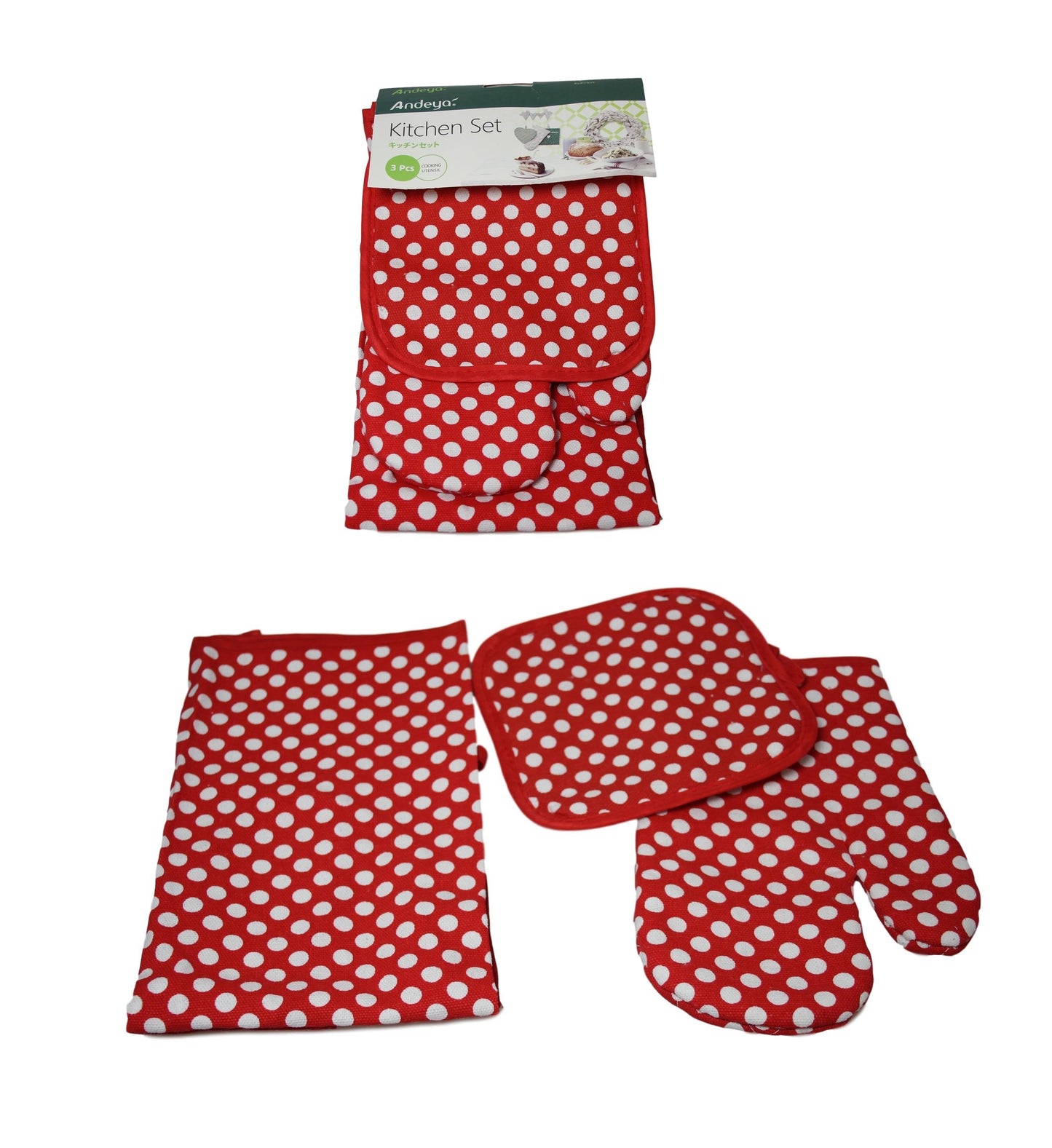 Oven Glove Apron Pan Holder Set of 3 Polka Dot Design Assorted Colours 5920  A (Parcel Rate)