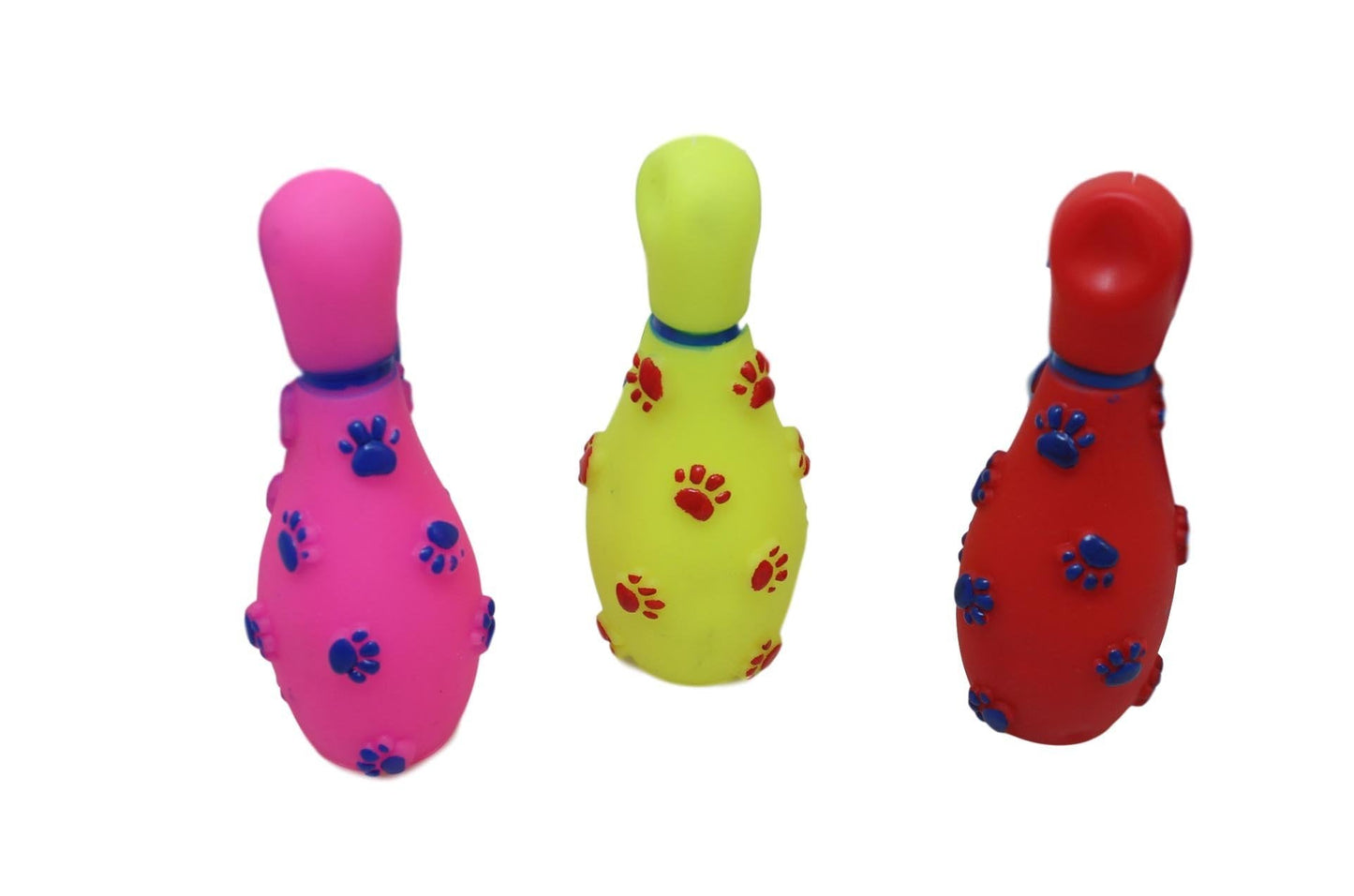 Pet Dog Toy Squeaky Bowling Pin with Paw Print 14 cm Assorted Colours 6043 (Parcel Rate)