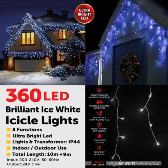 360LED Brilliant Ice White Icicle Lights 6049 (Parcel Rate)