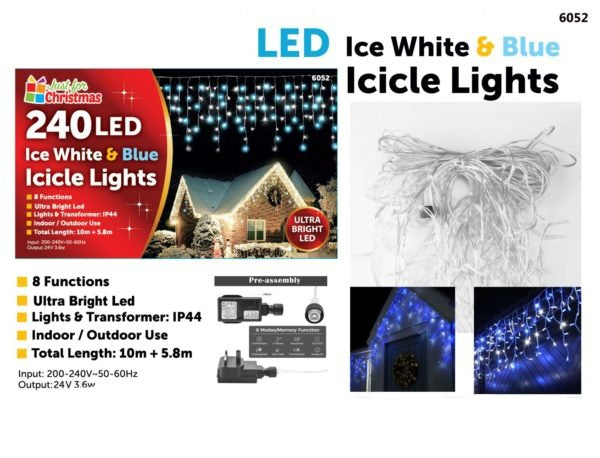 240LED Ice White and Blue Icicle Lights 6052 (Parcel Rate)