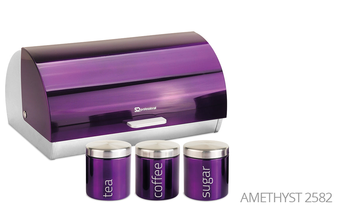 SQ Professional Gems Metal Bread Bin with 3 Canisters Amethyst 2582 (Parcel Rate)