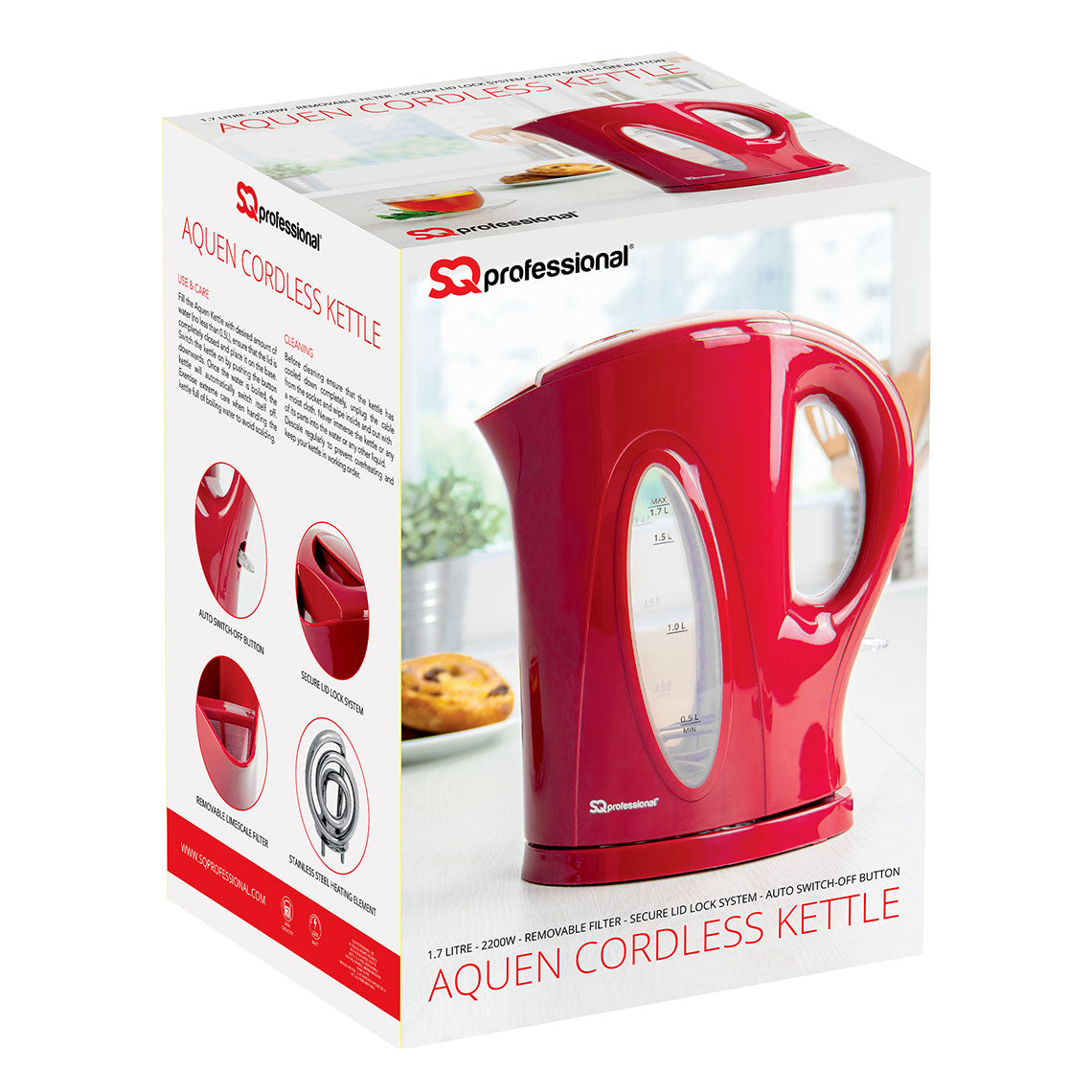 SQ Professional Aquen Fast Boil Cordless Kettle 1.7 Litre 2200W Assorted Colours 2154 (Parcel Rate)