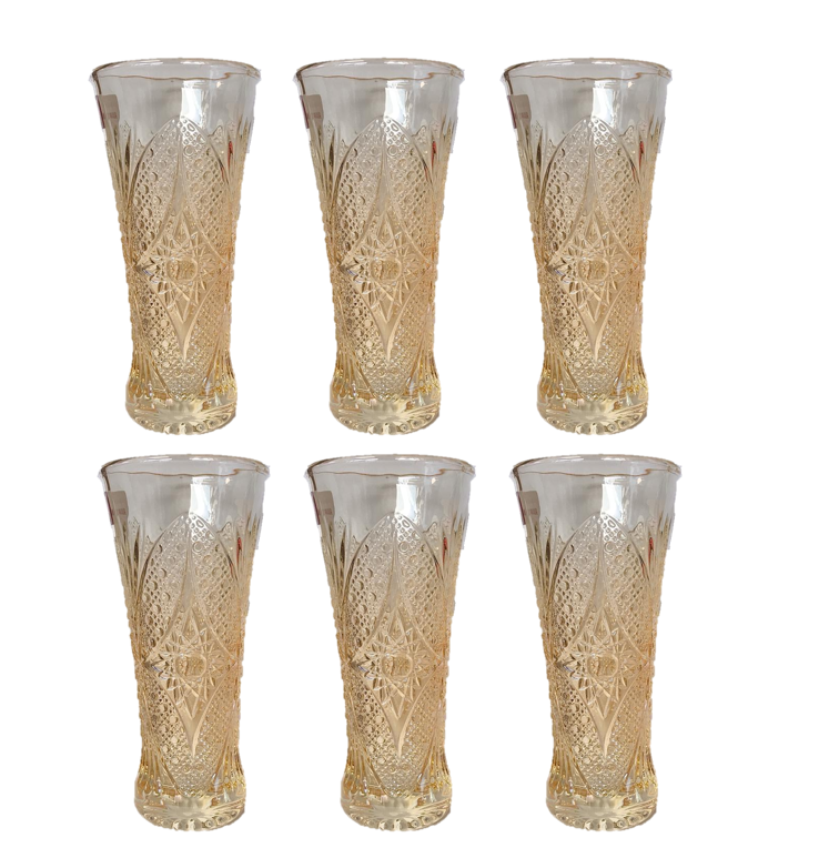 Small Half Pint Decorated Drinking Glass 15 x 7 cm Set of 6 Yellow Rose Gold 7057 (Parcel Plus Rate)