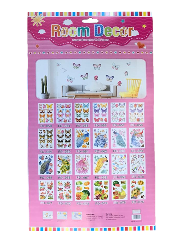 Room Decor 3D Effect Wall Stickers 44 x 25 cm Assorted Designs and Colours 7127 (Parcel Rate)