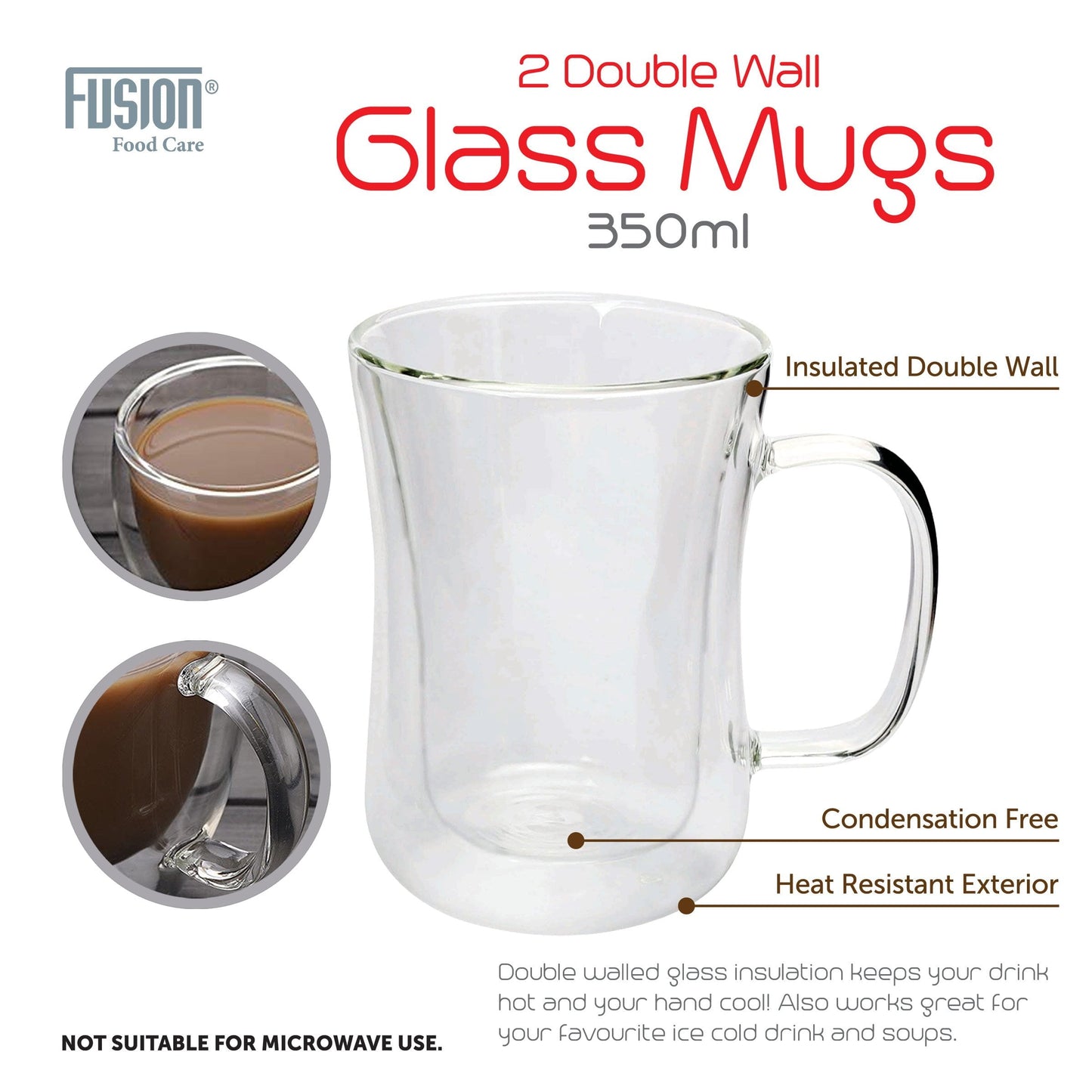 Double Wall Glass Mugs with Handle 350ml Set of 2 7303 (Parcel Rate)