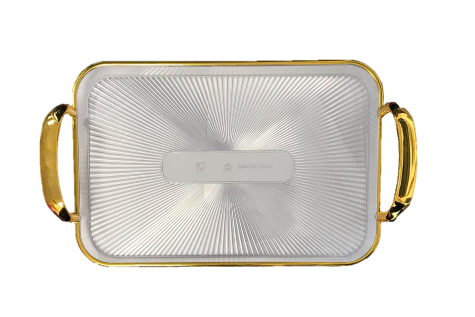 Rectangular Transparent Plastic Serving Tray with Gold Rim and Handles 22 x 32 cm 7350 (Parcel Rate)