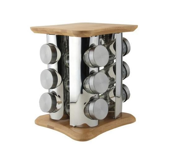 Free Standing Wooden And Stainless Steel Spice Rack Holds 12 Glass Spice Jars With Lids 7732 (Parcel Rate)