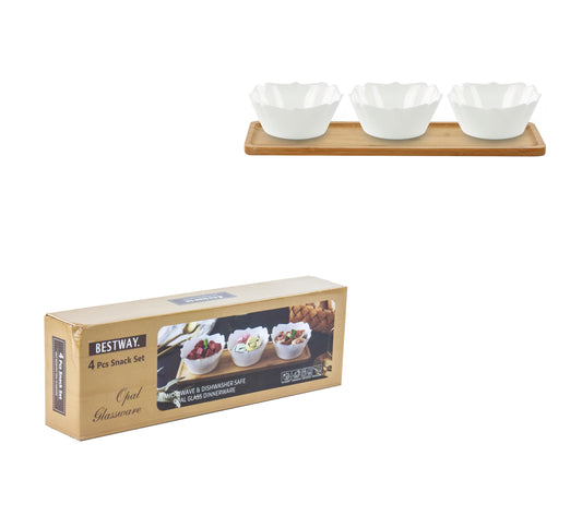 Opal High Quality Snack Bowl Set Silver Rim 4 Pcs Inc Tray 38cm x 12cm x 1cm 8320 (Parcel Rate)