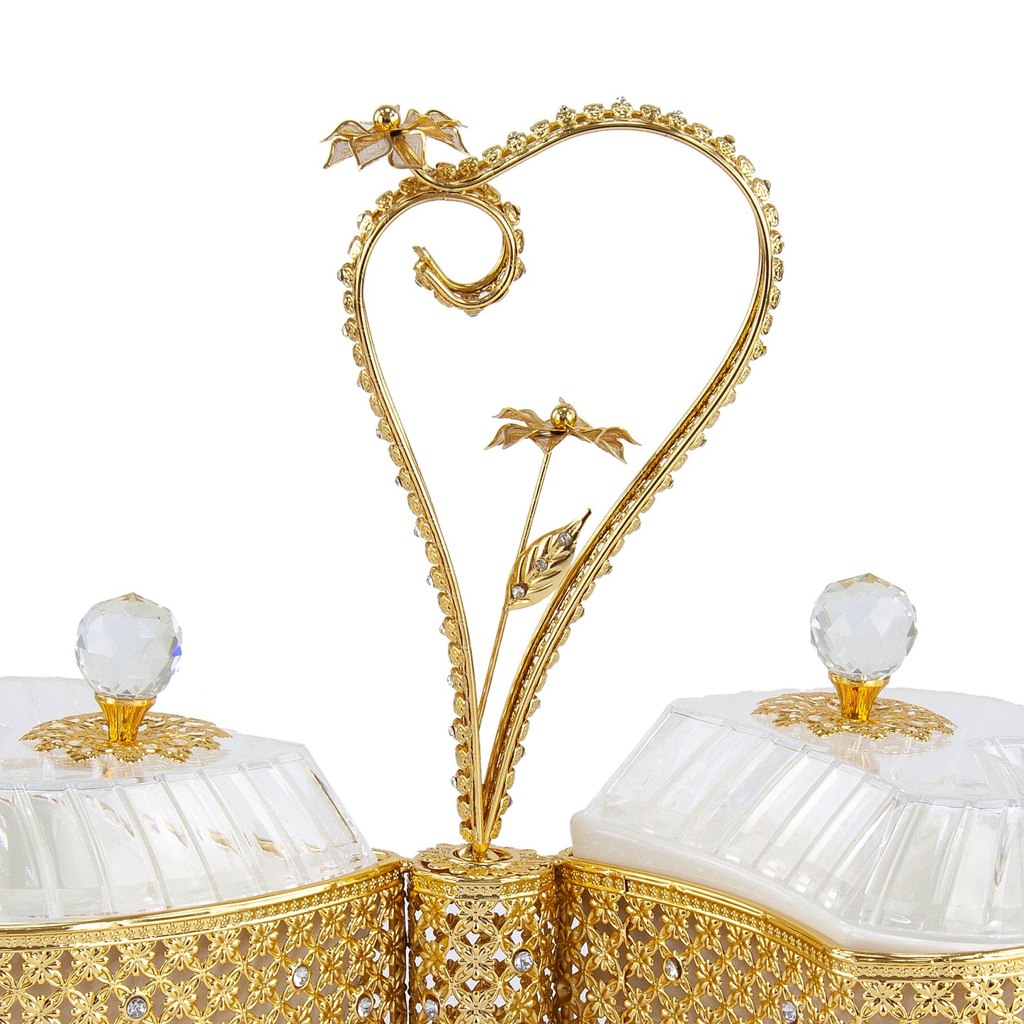 Ornate Party Heart Shape Serving Tray 2 Bowls With Lids Gold Embroidery 36cm x 19cm x 32cm 8440 (Big Parcel Rate)