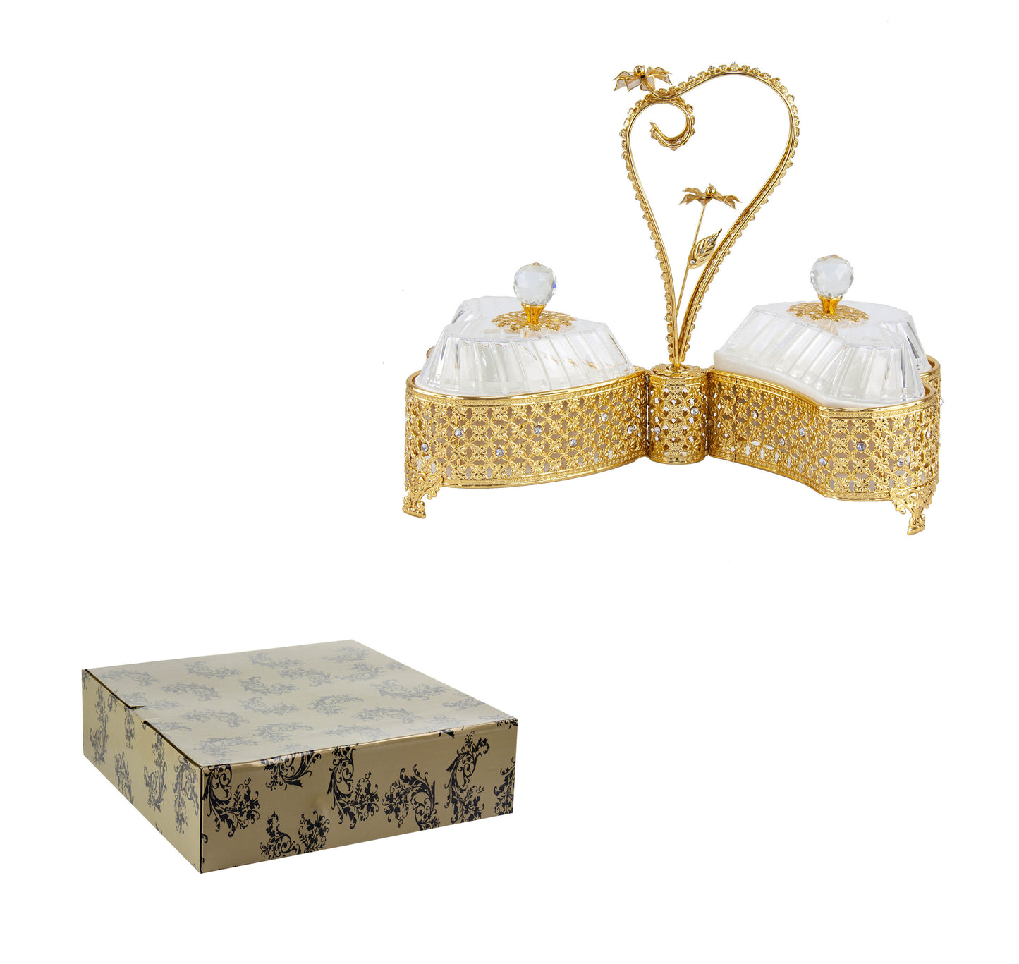 Ornate Party Heart Shape Serving Tray 2 Bowls With Lids Gold Embroidery 36cm x 19cm x 32cm 8440 (Big Parcel Rate)