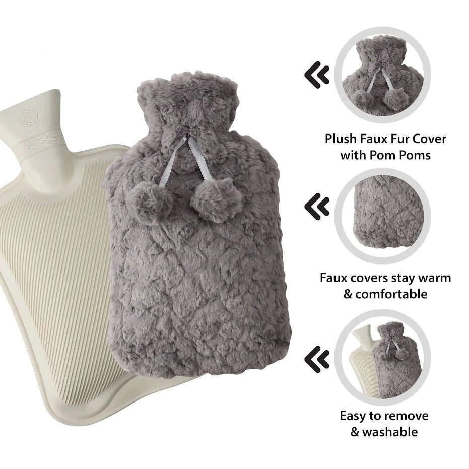 DGI Hot Water Bottle With Faux Fur Cover & Pom Poms 2 Litre 9242 A  (Parcel Rate)