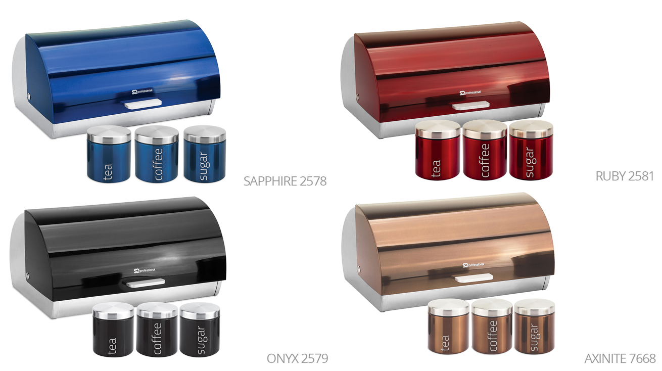 SQ Professional Gems Metal Bread Bin with 3 Canisters Assorted Colours 9895 (Parcel Rate)