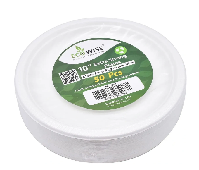 Disposable Compostable Eco-Bio Bagasse Sugarcane Plates 10" Pack of 50 EC0089 (Parcel Rate)