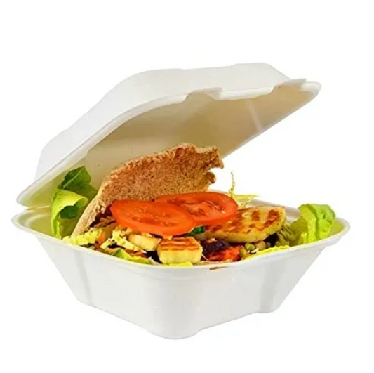 Disposable Compostable Eco-Bio Bagasse Sugarcane Clamshell Burger Box EC0966 (Parcel Rate)