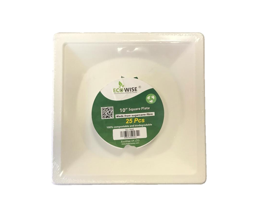 Disposable Compostable Eco-Bio Bagasse Sugarcane Square Plates 10" Pack of 25 EC1642 (Parcel Rate)