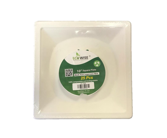 Disposable Compostable Eco-Bio Bagasse Sugarcane Square Plates 10" Pack of 25 EC1642 (Parcel Rate)