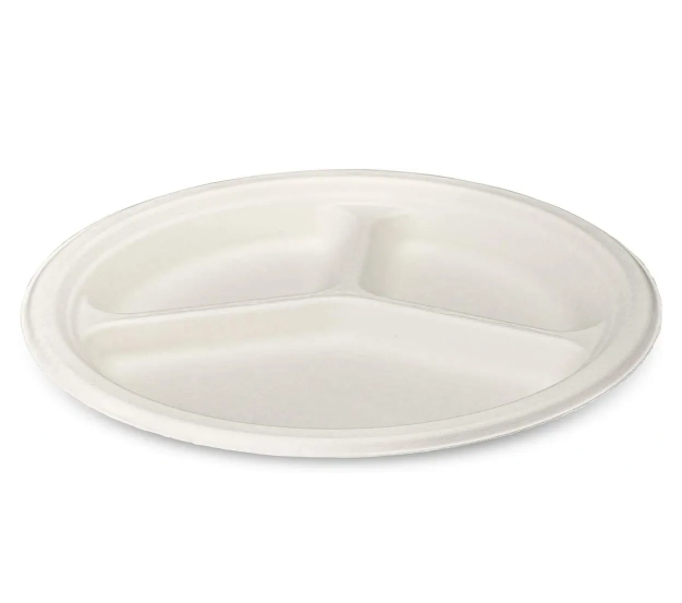 Disposable Compostable Eco-Bio Bagasse Sugarcane 3 Compartment Plates 10" Pack of 50 EC0126 (Parcel Rate)