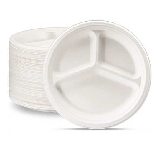 Disposable Compostable Eco-Bio Bagasse Sugarcane 3 Compartment Plates 10" Pack of 50 EC0126 (Parcel Rate)