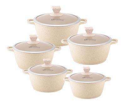 Nea Marbell Diecast Stockpot Set 5 Pack Natura-Cream Marble Effect 20-24-28-30-32cm 6757 (Big Parcel Rate)