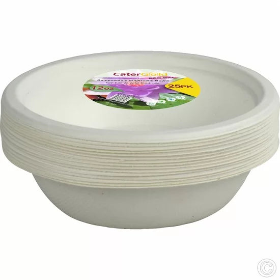 Disposable Compostable Eco-Bio Bagasse Sugarcane Bowls 12oz Pack of 25 ST80370 (Parcel Rate)