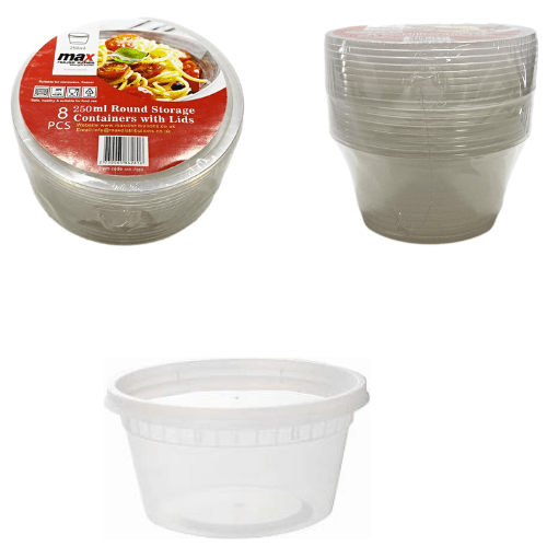 Pack Of 8 Round Containers With Lids 8oz 250ml MX7080 (Parcel Rate)