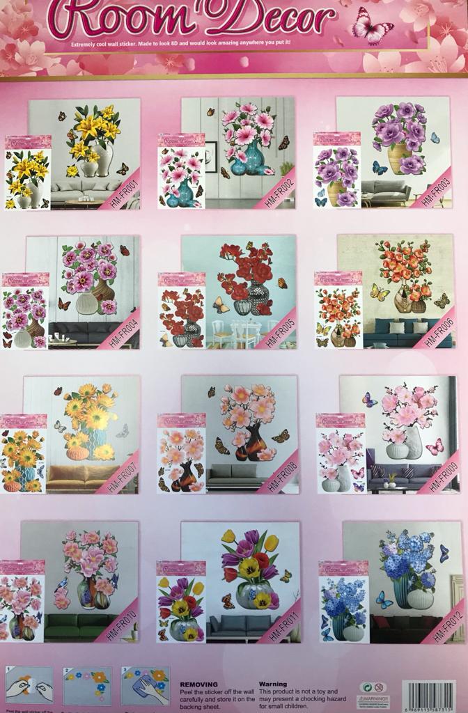 Room Decor 3D Effect Wall Stickers Flowers Vase Design 49 x 30 cm Assorted Designs and Colours 7126 (Parcel Rate)