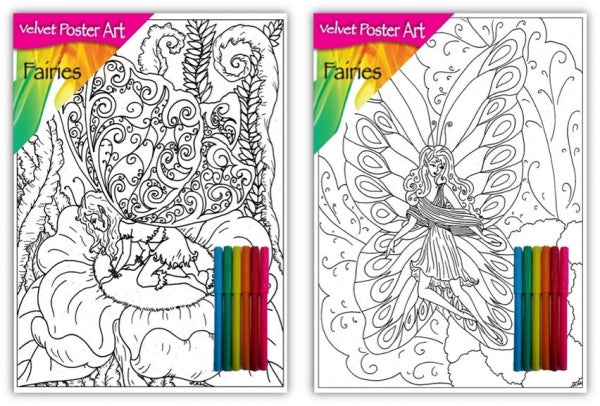 Velvet Poster Art Children's' Fun Colouring with Pens Fairies 1 25 x 38 cm 2 Designs P3008 (Parcel Rate)