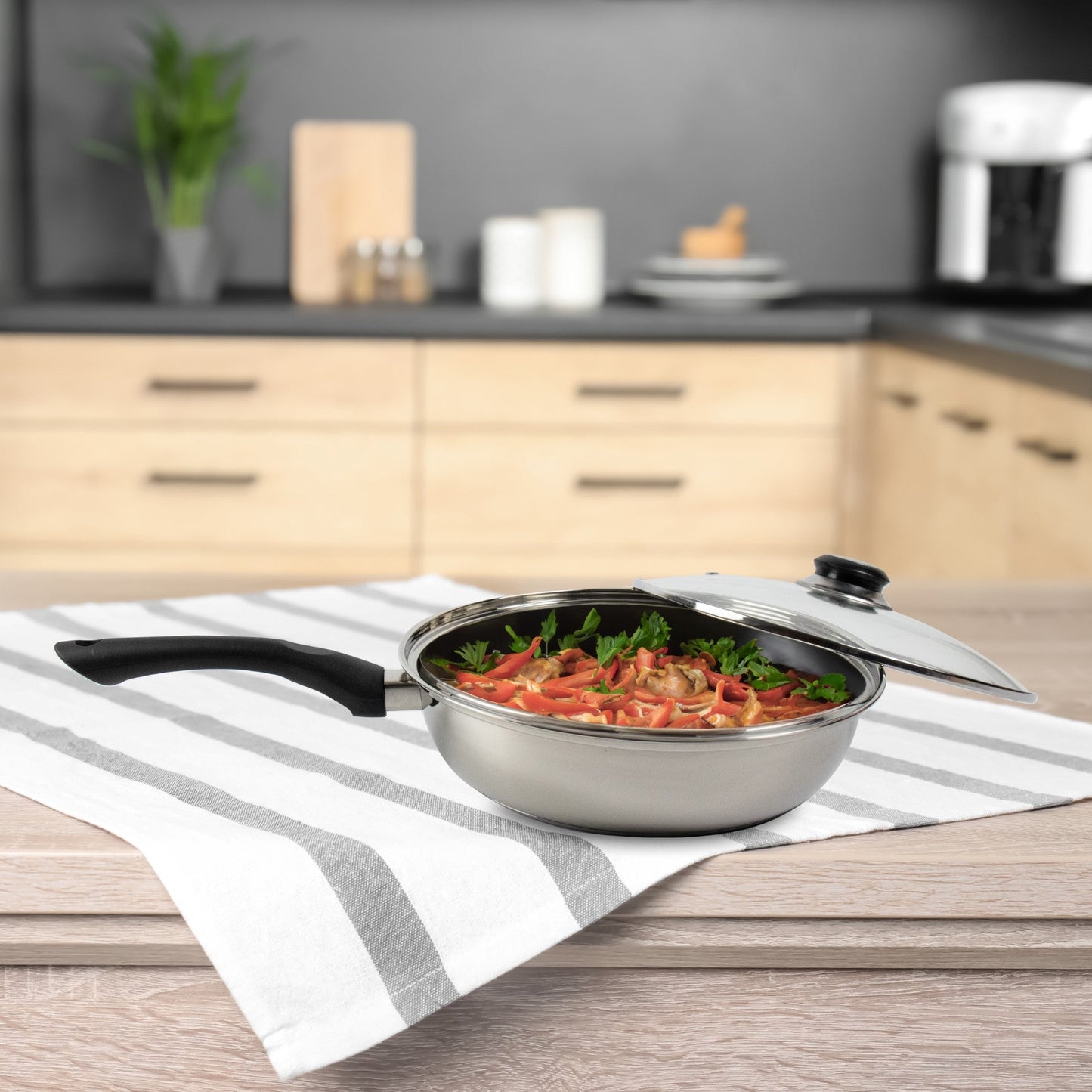 SQ Professional Lustro Stainless Steel Frying Pan with Lid 24 cm Black 10911 (Parcel Rate)