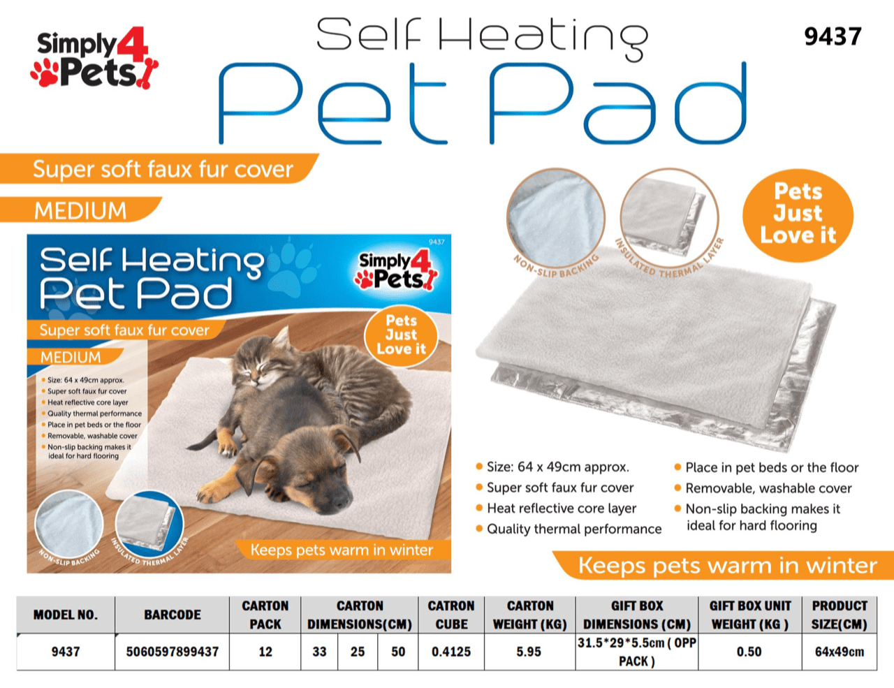 Self Heating Pet Blanket Pad Medium Size 49 x 64cm 9437 (Parcel Rate)