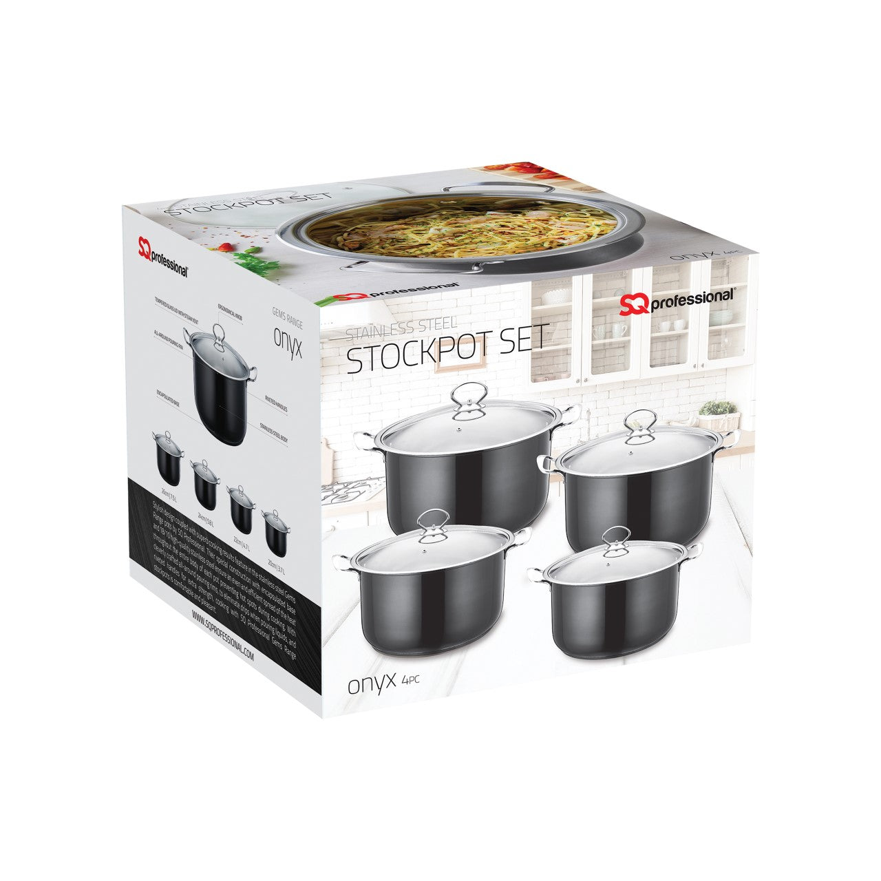 Gems Stainless Steel Stockpot Set 4Pc Onyx 3.7L- 4.7L-5.80L-7.5L Kitchen 9579 (Big Parcel Rate)